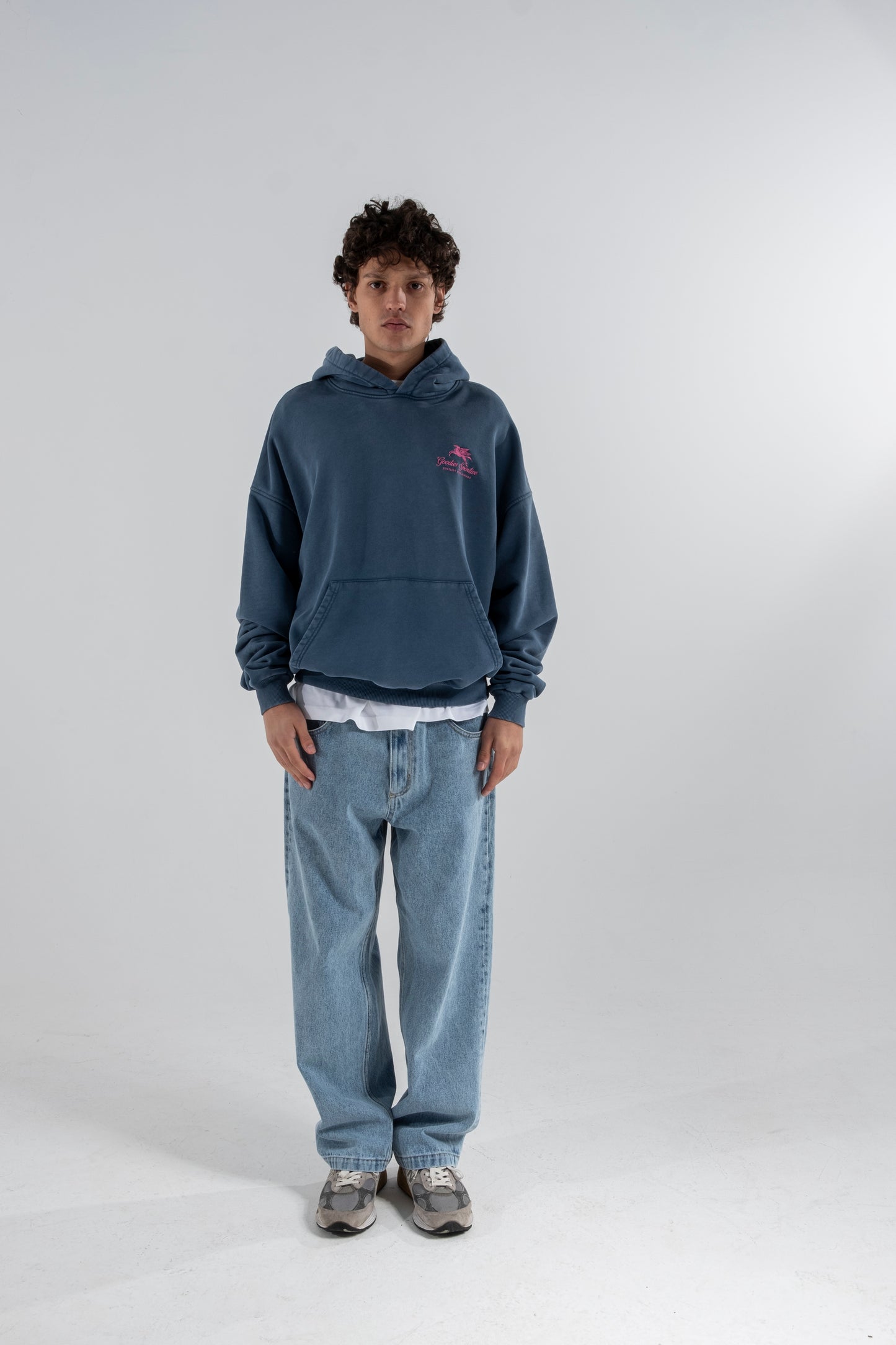 550G Washed premium blue hoodie - Aura
