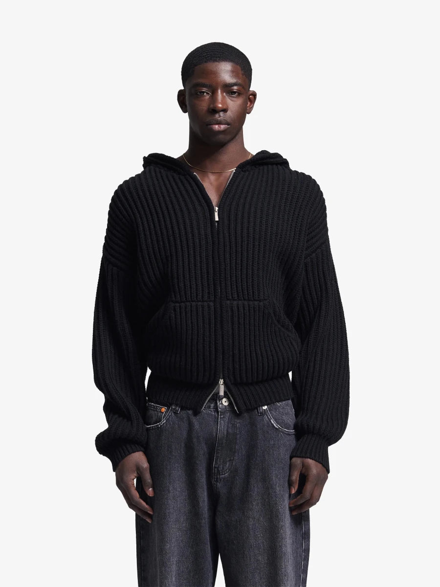 HOODED FISHERMAN KNIT - Black BRAM'S FRUIT - vue de face portée