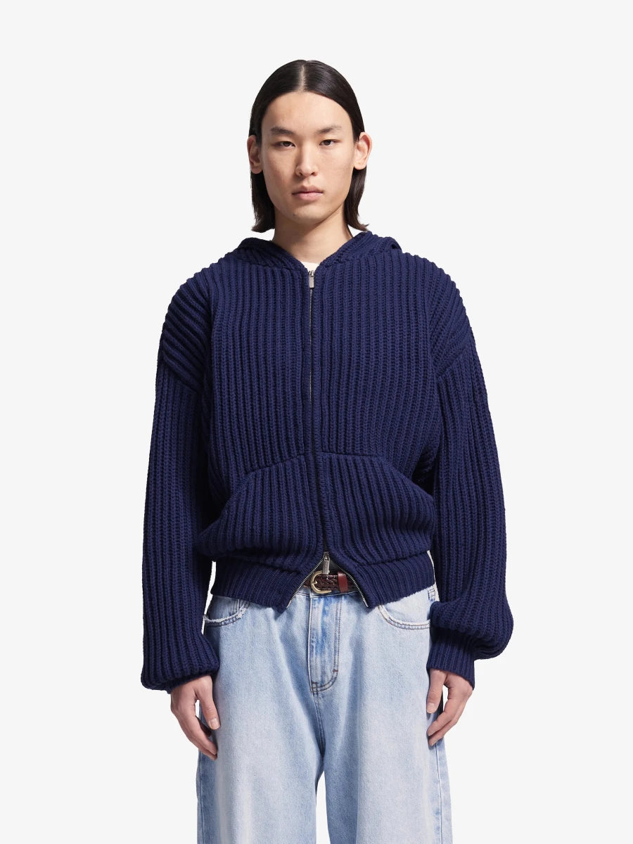 HOODED FISHERMAN KNIT - Midnight Blue BRAM'S FRUIT - vue de face portée