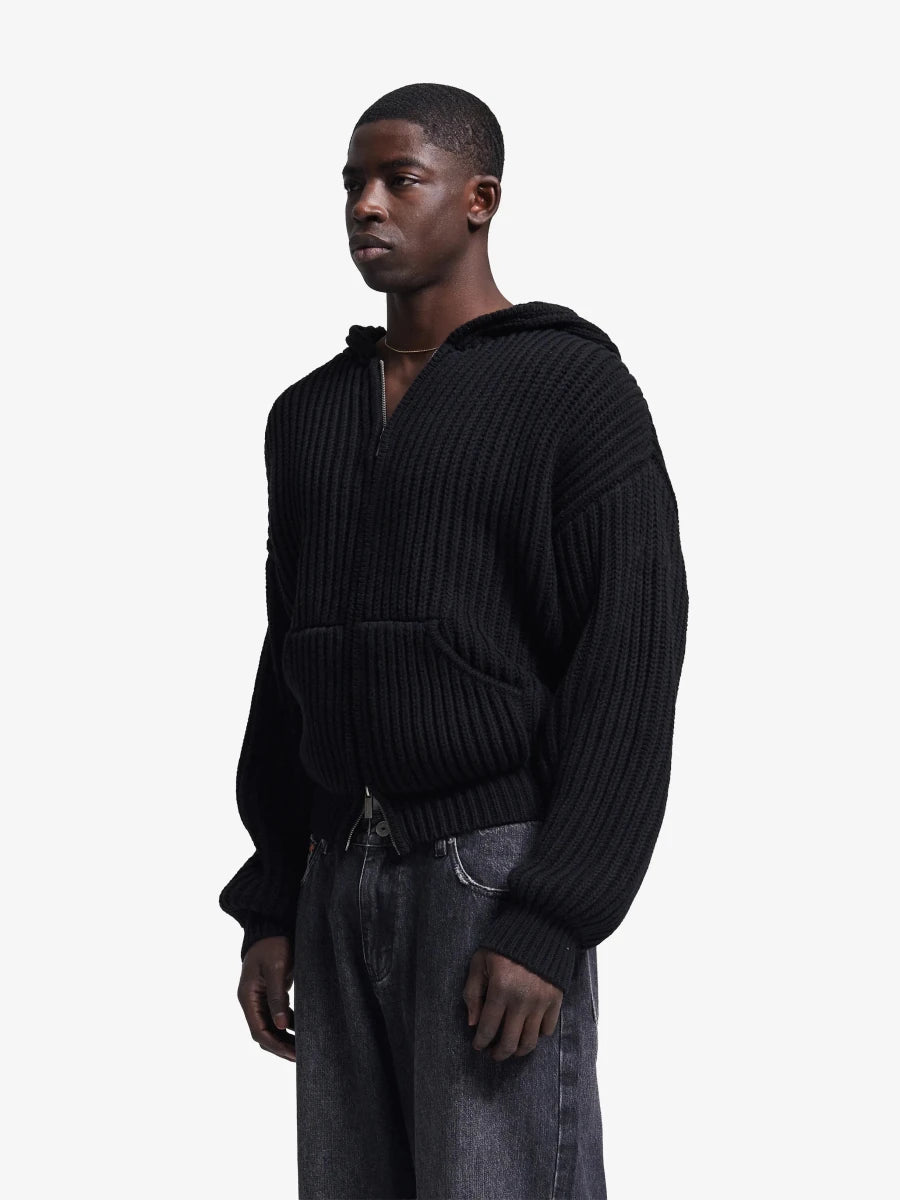 HOODED FISHERMAN KNIT - Black BRAM'S FRUIT - vue de face portée ouverte