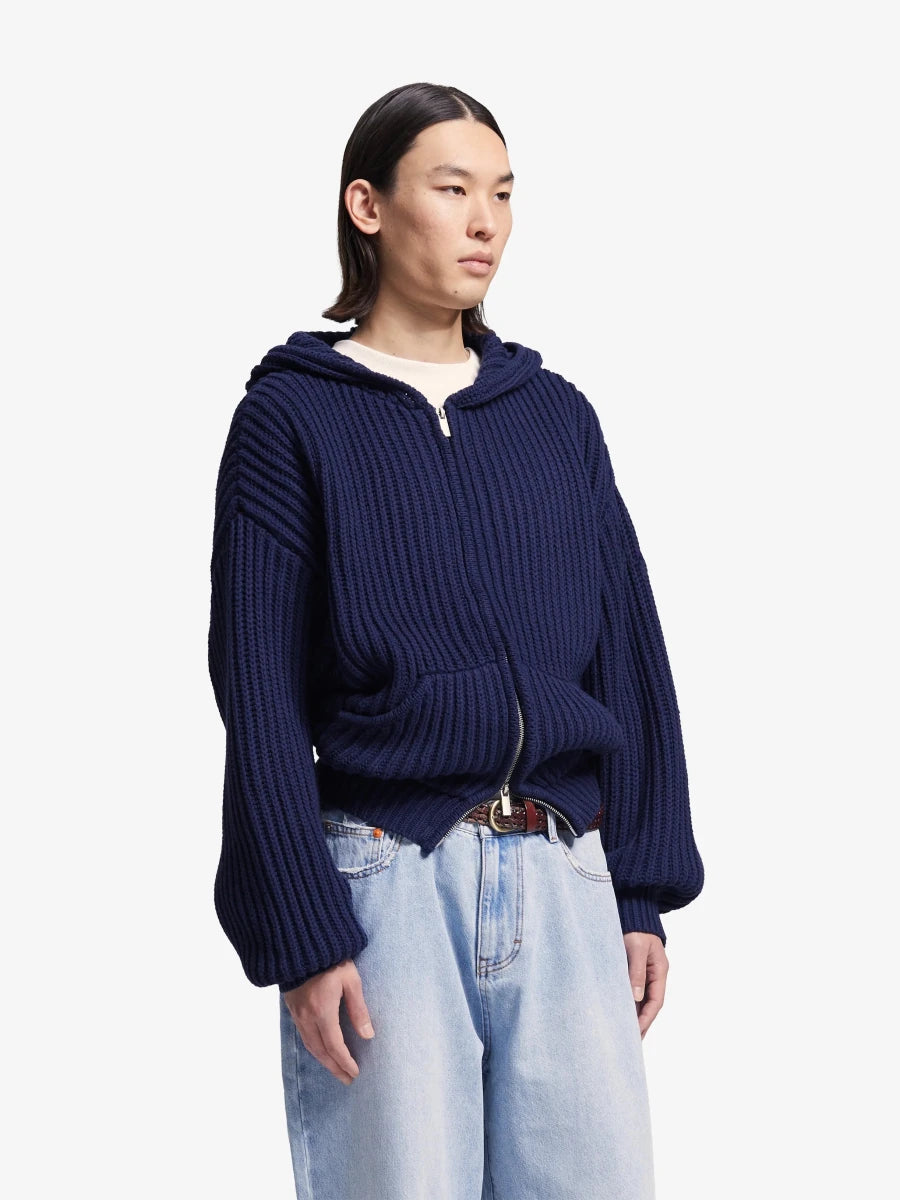 HOODED FISHERMAN KNIT - Midnight Blue BRAM'S FRUIT - vue de face portée ouverte