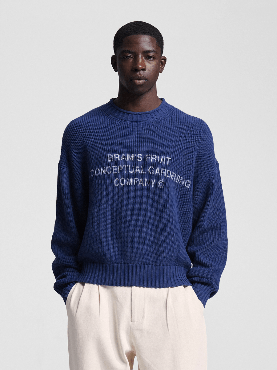 Stamp Knit Bram's Fruit navy porté, coupe loose