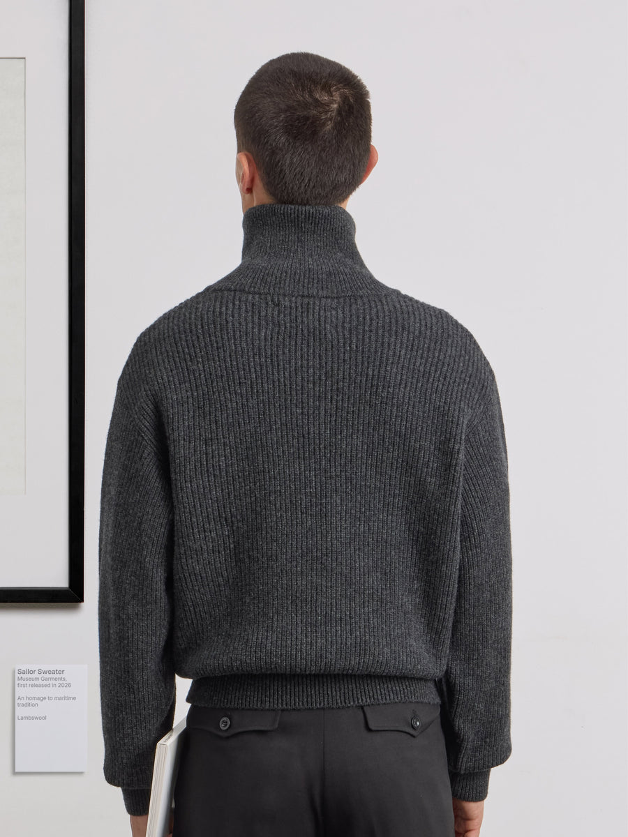 Museum Garments Sailor Sweater charcoal en laine d'agneau mérinos - porté, vue 6