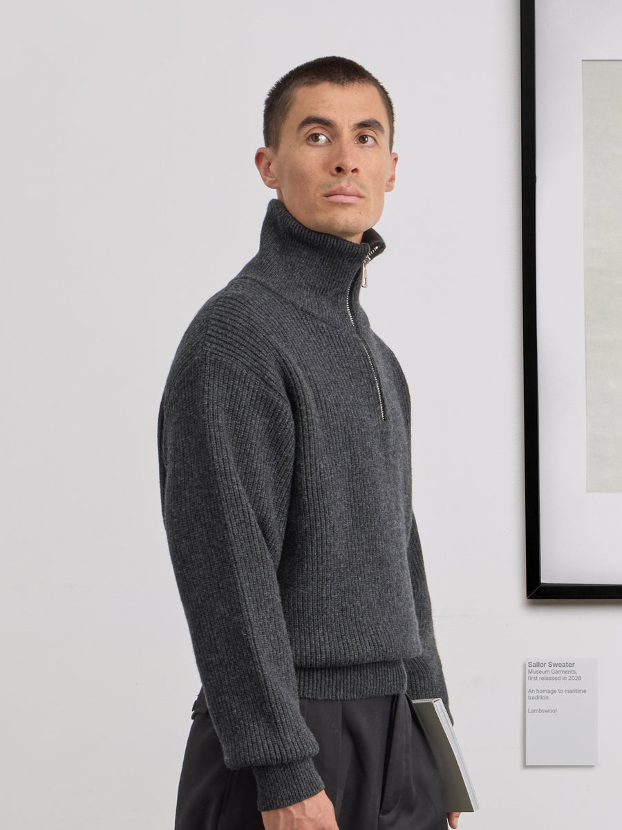 Museum Garments Sailor Sweater charcoal en laine d'agneau mérinos - porté, vue 4