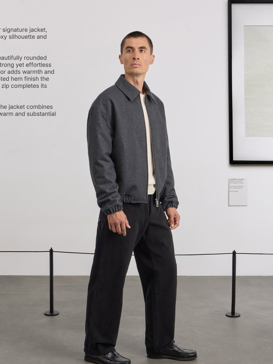 Museum Garments Exhibition Padded Jacket gris chiné en flanelle de laine vierge - porté, vue 3