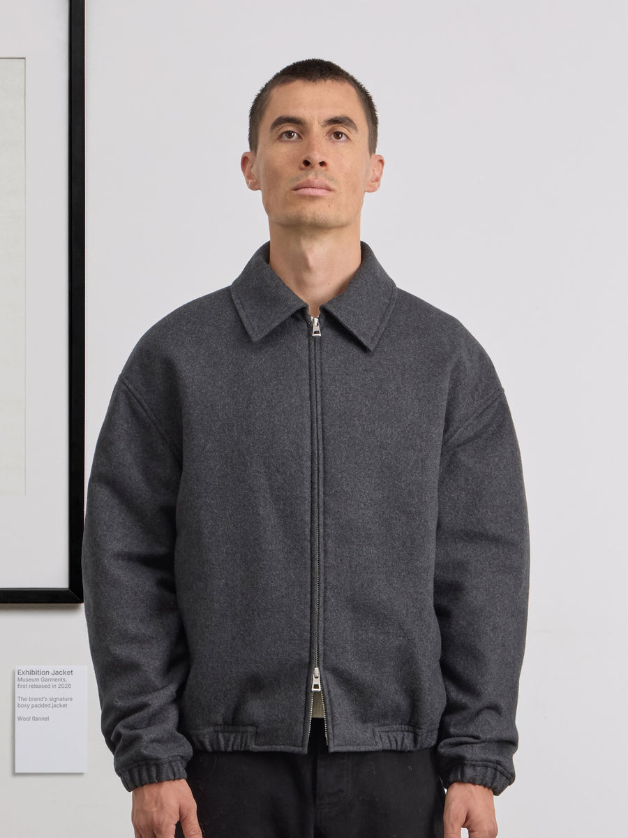 Museum Garments Exhibition Padded Jacket gris chiné en flanelle de laine vierge - porté, vue 8