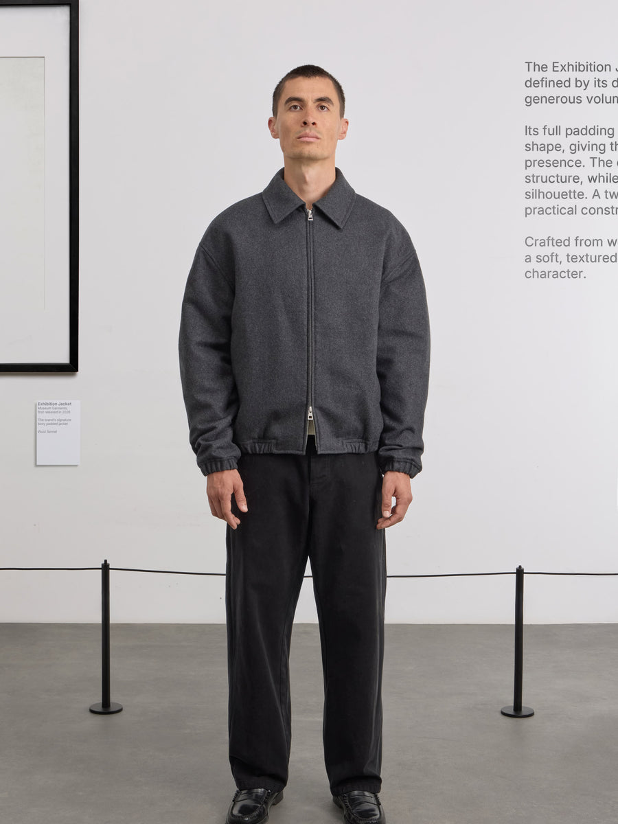 Museum Garments Exhibition Padded Jacket gris chiné en flanelle de laine vierge - porté, vue 7