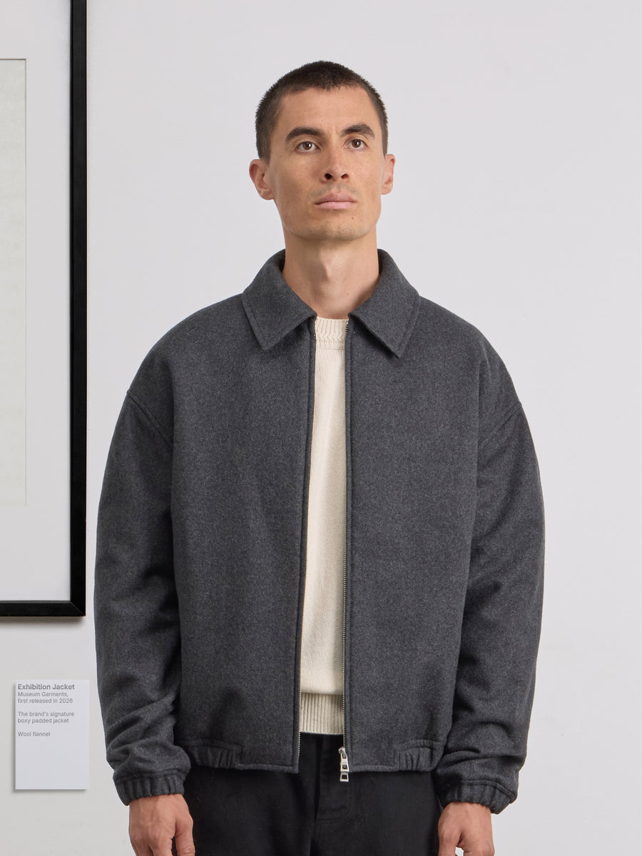 Museum Garments Exhibition Padded Jacket gris chiné en flanelle de laine vierge - porté, vue 2