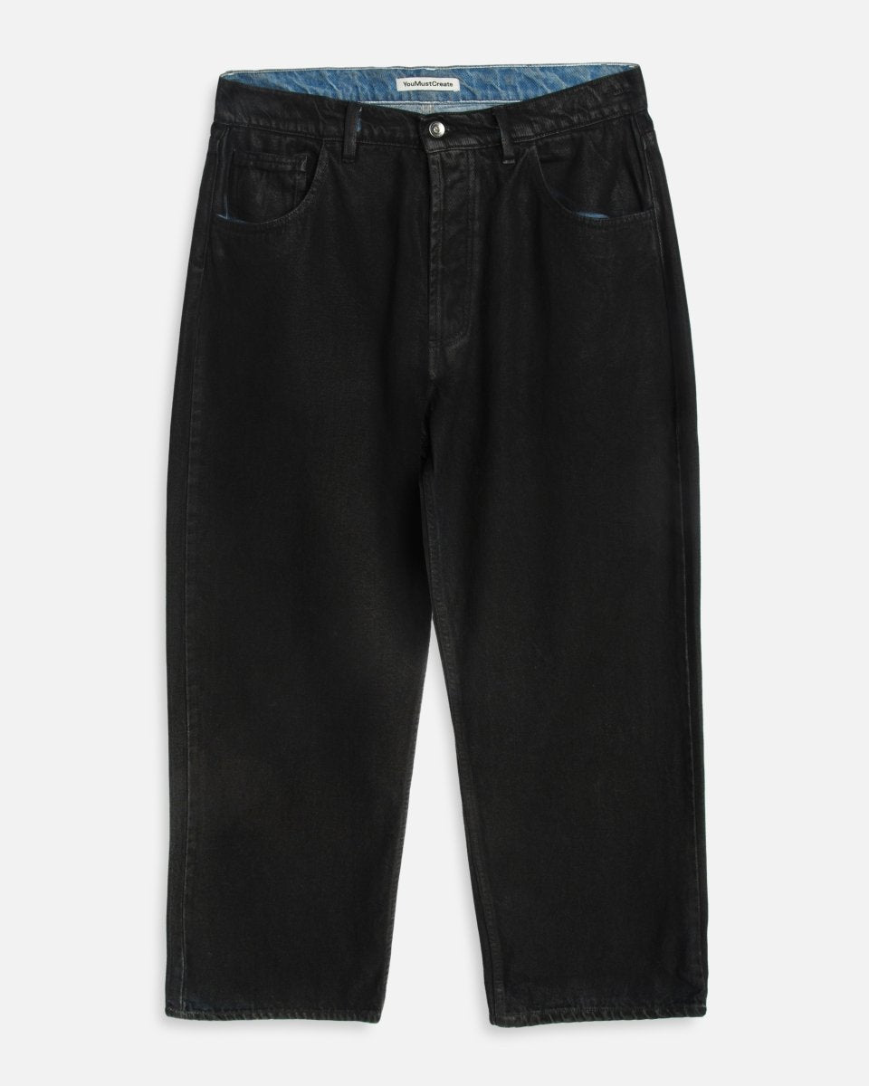 Jean YMC Bez Jeans noir en denim de coton enduit 14oz, coupe loose - Aura Store — photo 1