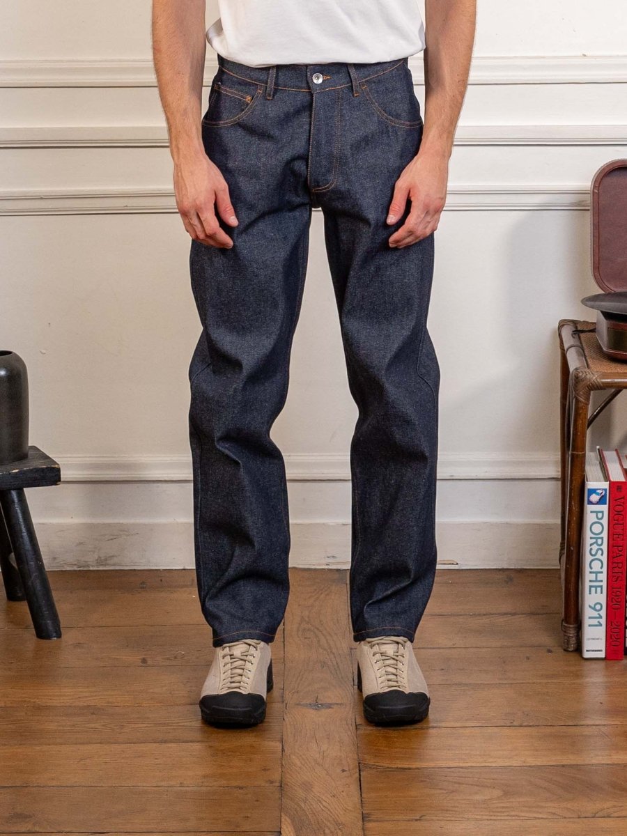 YMC Bez Jeans in raw indigo, worn, close front view