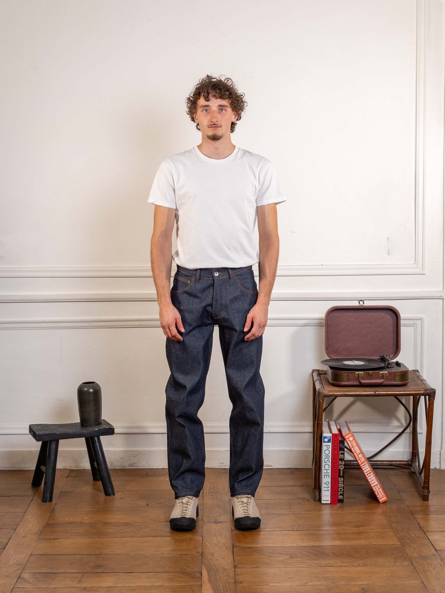 YMC Bez Jeans in raw indigo, worn, full-length front view