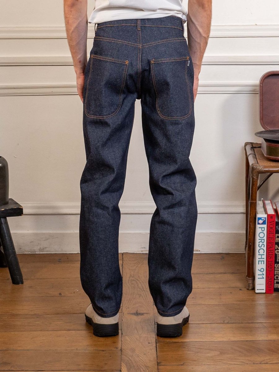 YMC Bez Jeans in raw indigo, worn, back view