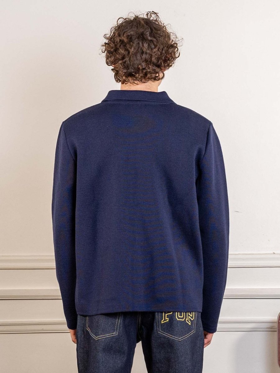 Cardigan de travail Guino Le Mont Saint Michel navy porté, vue de dos