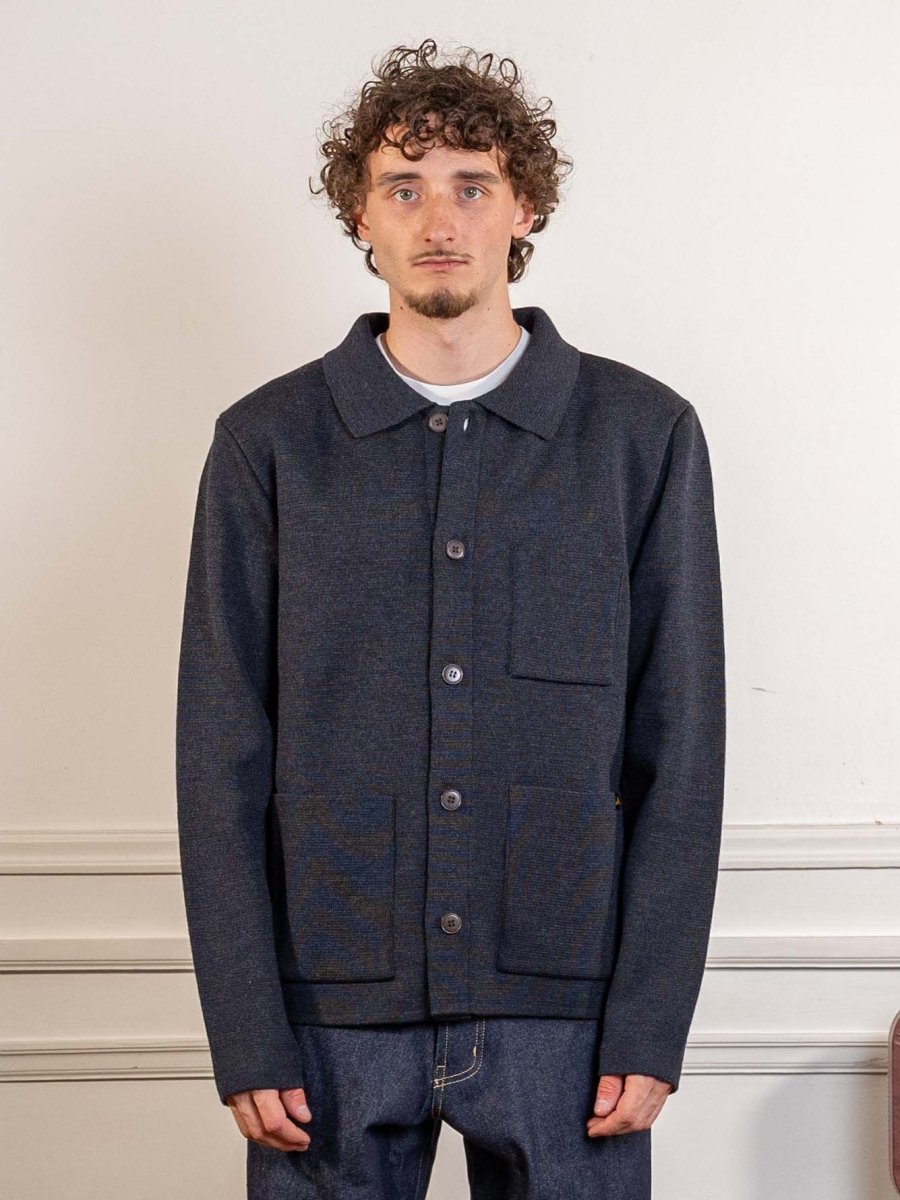 Le Mont Saint Michel Guino work cardigan in grey worn from the front