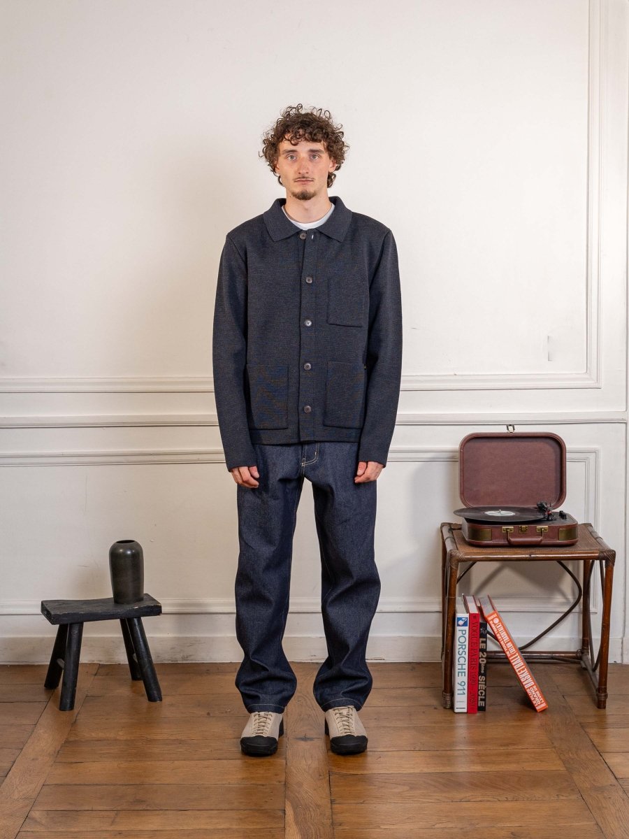 Le Mont Saint Michel Guino work cardigan in grey, worn, full-length view