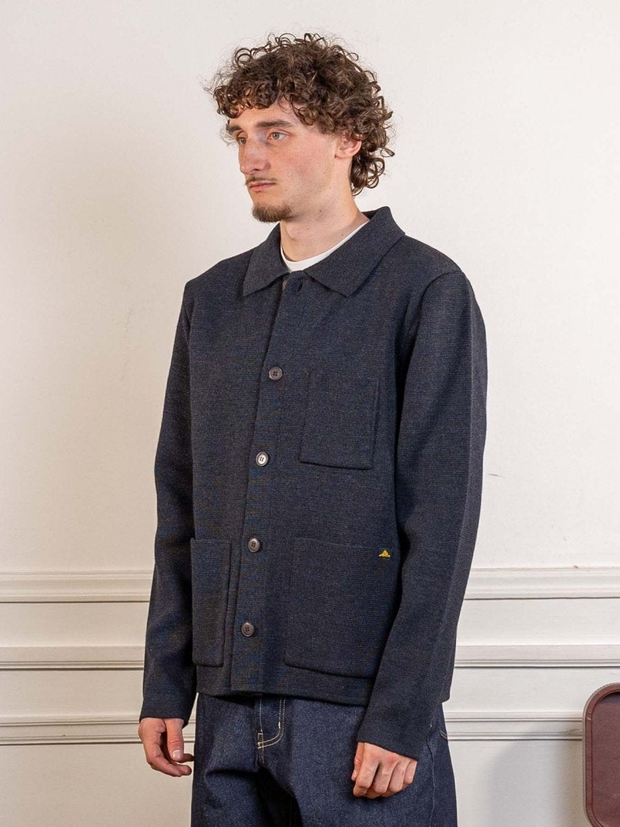 Le Mont Saint Michel Guino work cardigan in grey, worn, three-quarter view