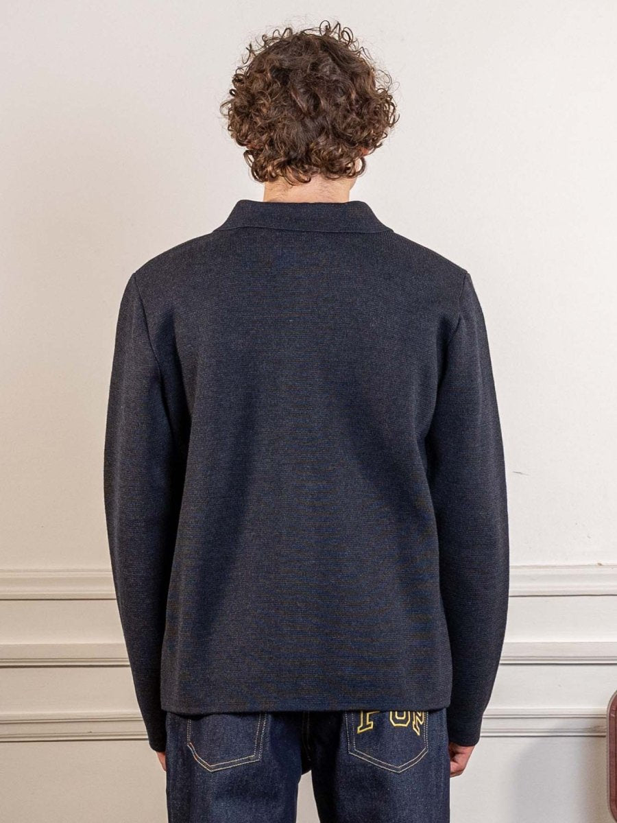 Le Mont Saint Michel Guino work cardigan in grey, worn, back view