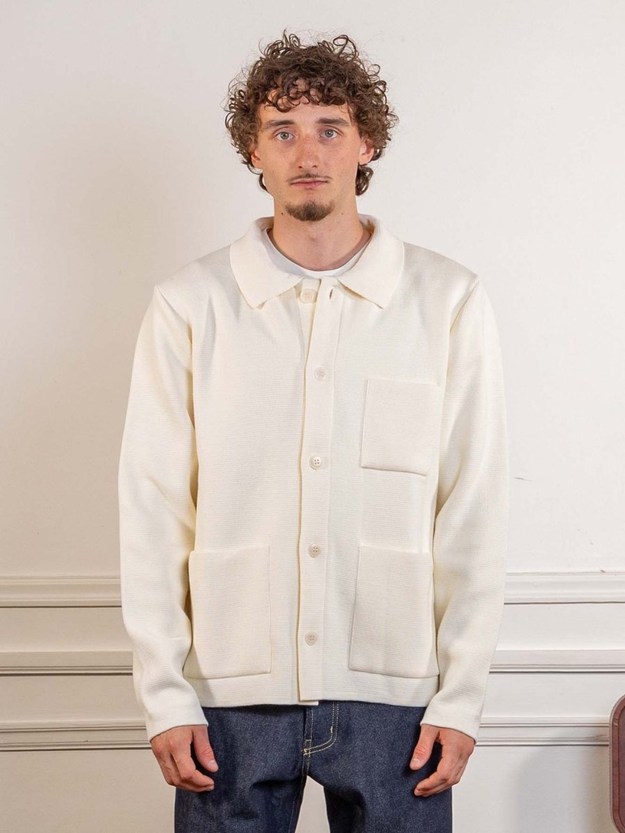 Le Mont Saint Michel Guino work cardigan in Chalk worn from the front