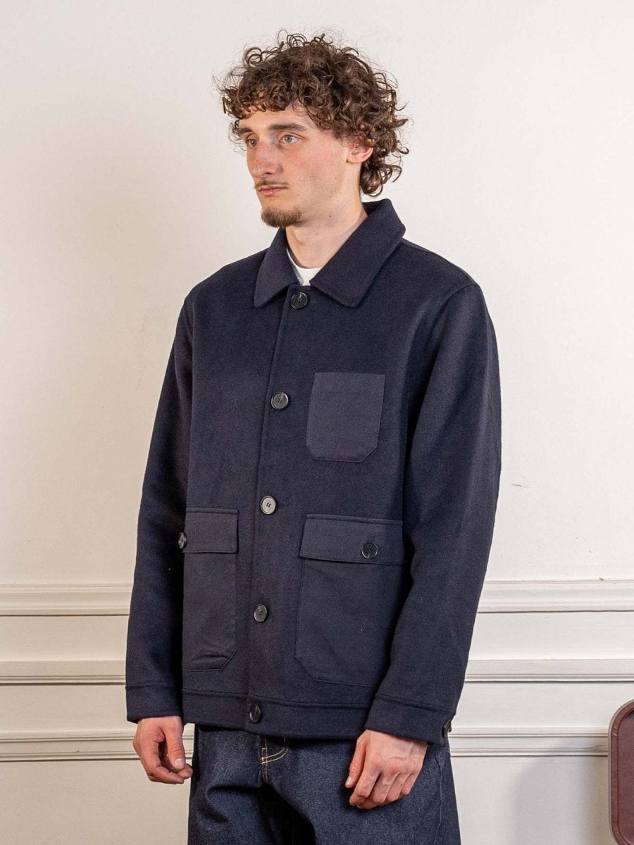 Le Mont Saint Michel Verdadero jacket in navy, worn, three-quarter view
