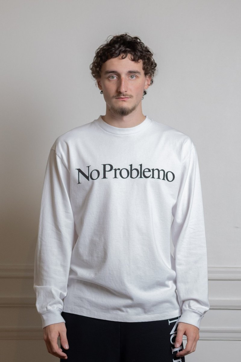 T-shirt No Problemo Ls Tee blanc, vue rapprochée du jersey de coton portugais