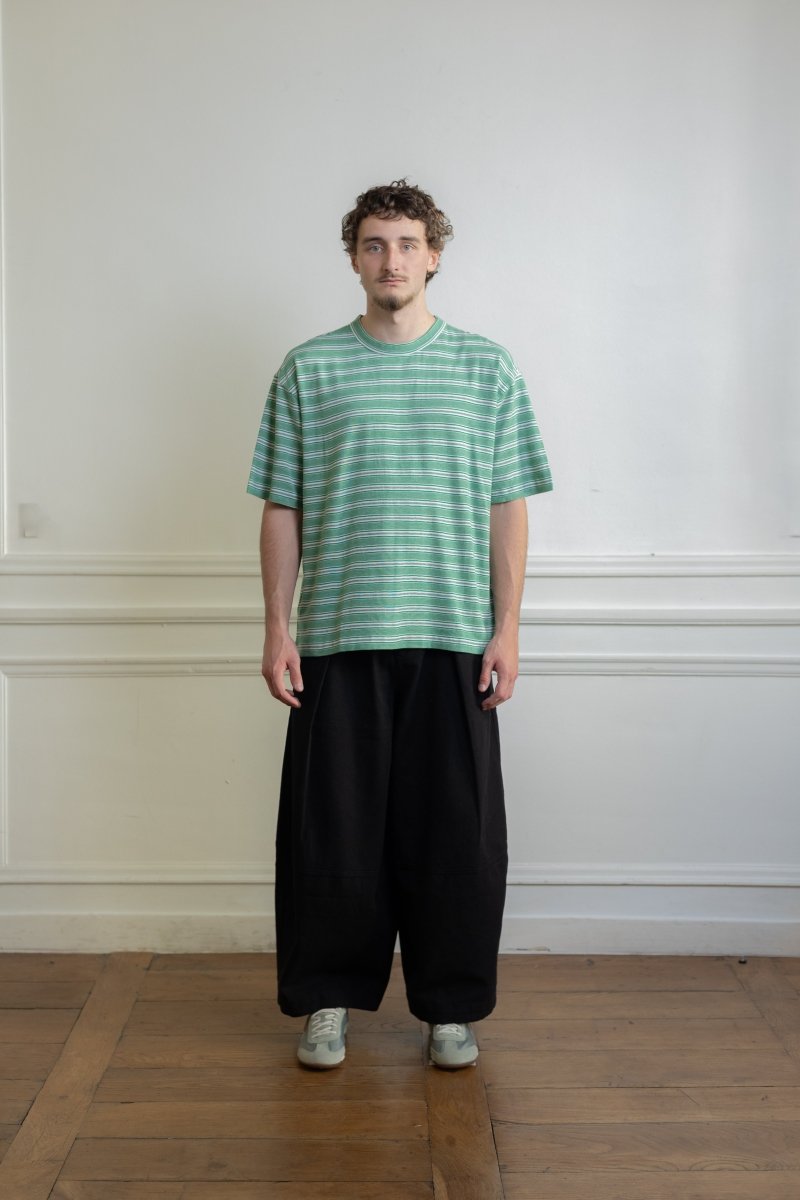 T-shirt oversize YMC Triple rayures jacquard green porté de face — photo 1
