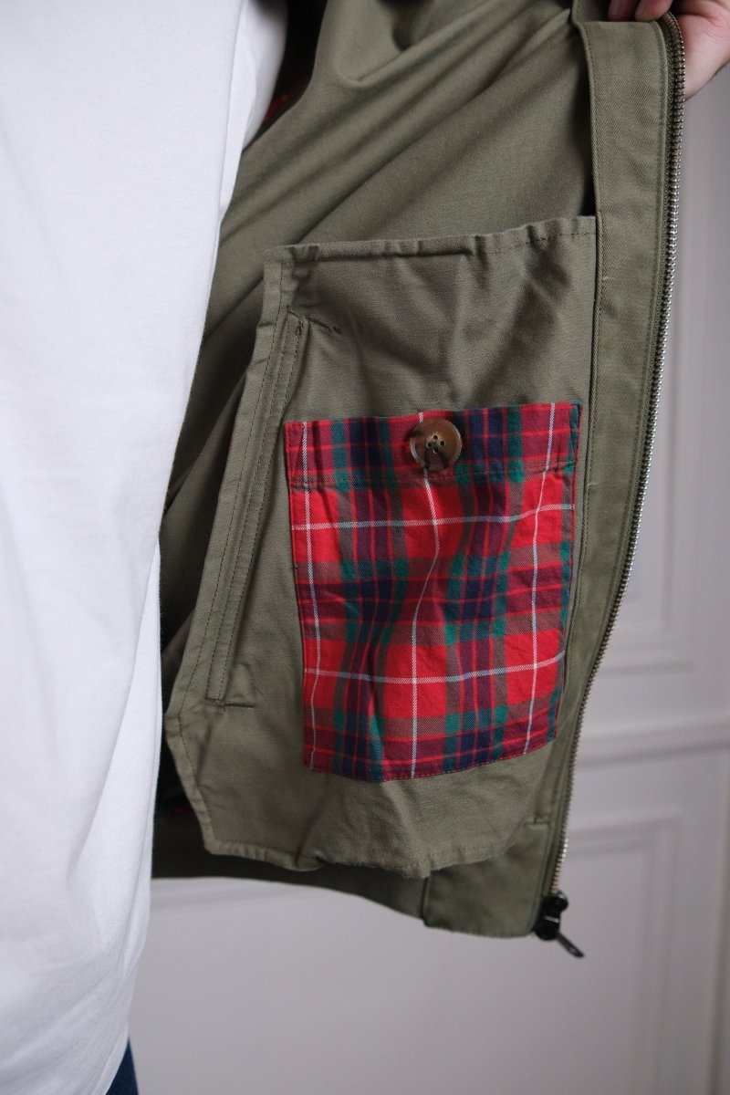 baracuta twill g9 harrington lichen green doublure fraser tartan empiècement parapluie"