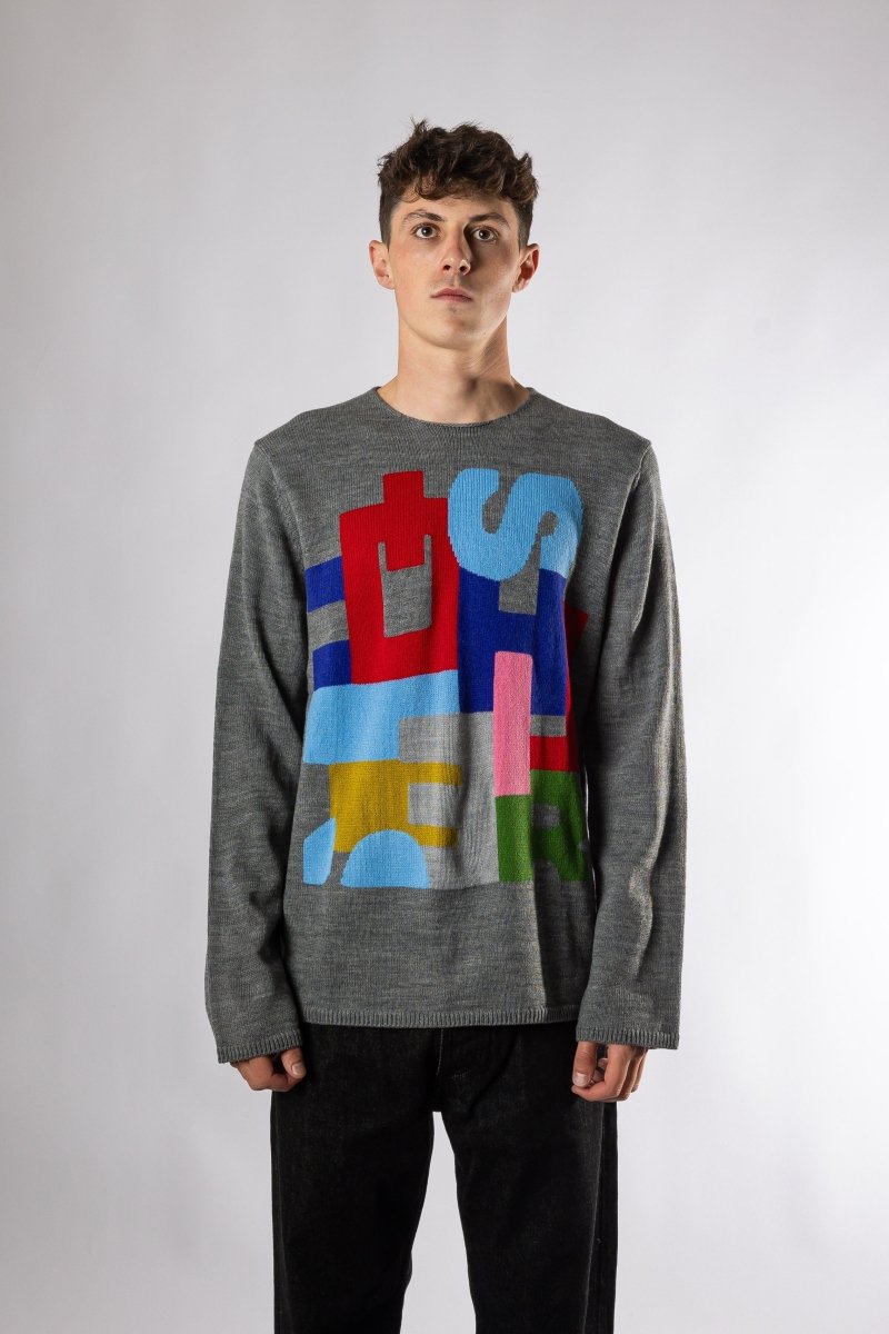 Intarsia Knit Sweater Grey vue de face – vêtements homme Rennes