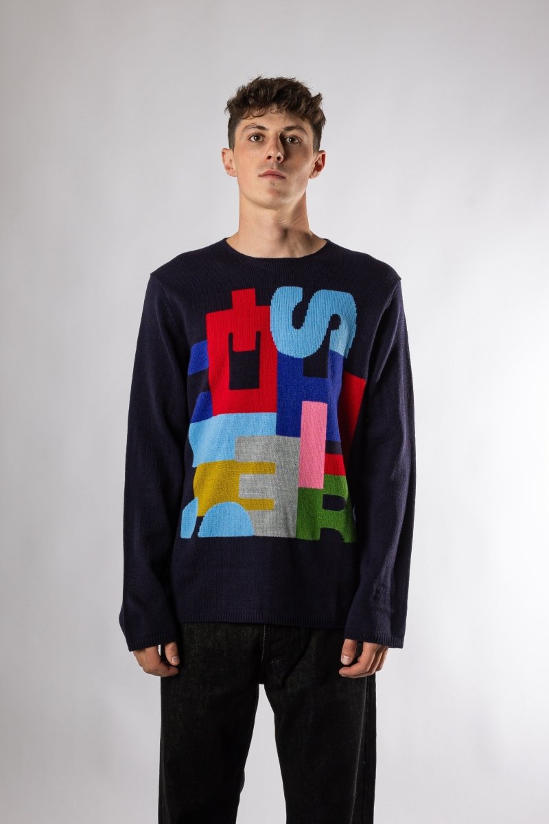 Intarsia Knit Sweater Navy vue de dos – boutique mode Rennes