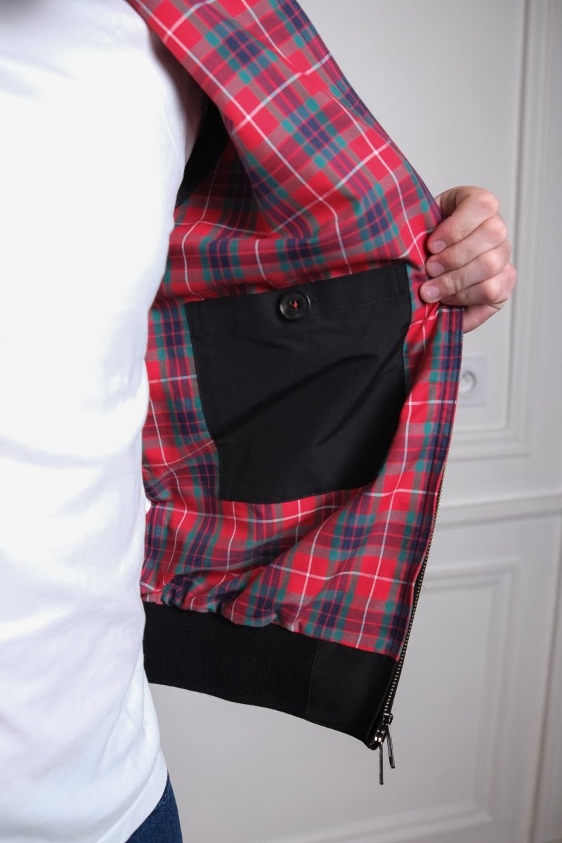 détail col dog ear double boutonnage et doublure fraser tartan baracuta g9 black