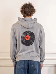 District Vision California Cotton Hoodie Track Club Heather Grey worn, back view with the print