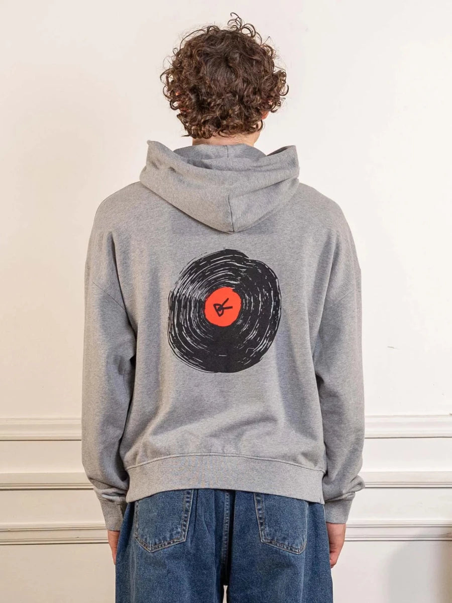District Vision California Cotton Hoodie Track Club Heather Grey worn, back view with the print