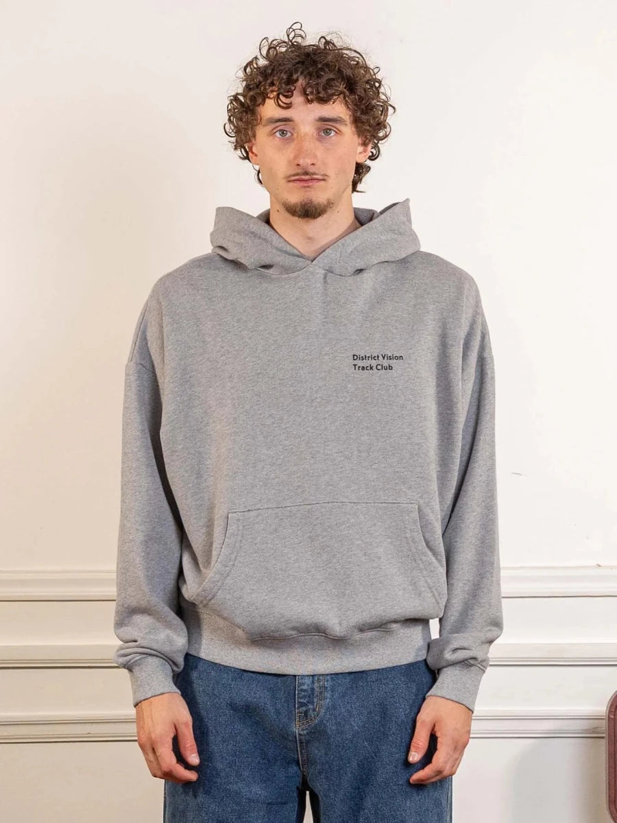 District Vision California Cotton Hoodie Track Club Heather Grey worn, front view