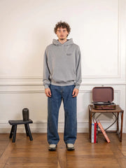 District Vision California Cotton Hoodie Track Club Heather Grey worn, full-length front view