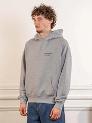 District Vision California Cotton Hoodie Track Club Heather Grey worn, three-quarter view
