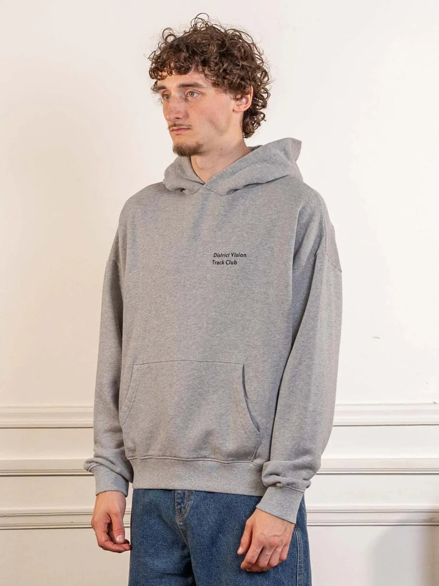 District Vision California Cotton Hoodie Track Club Heather Grey worn, three-quarter view