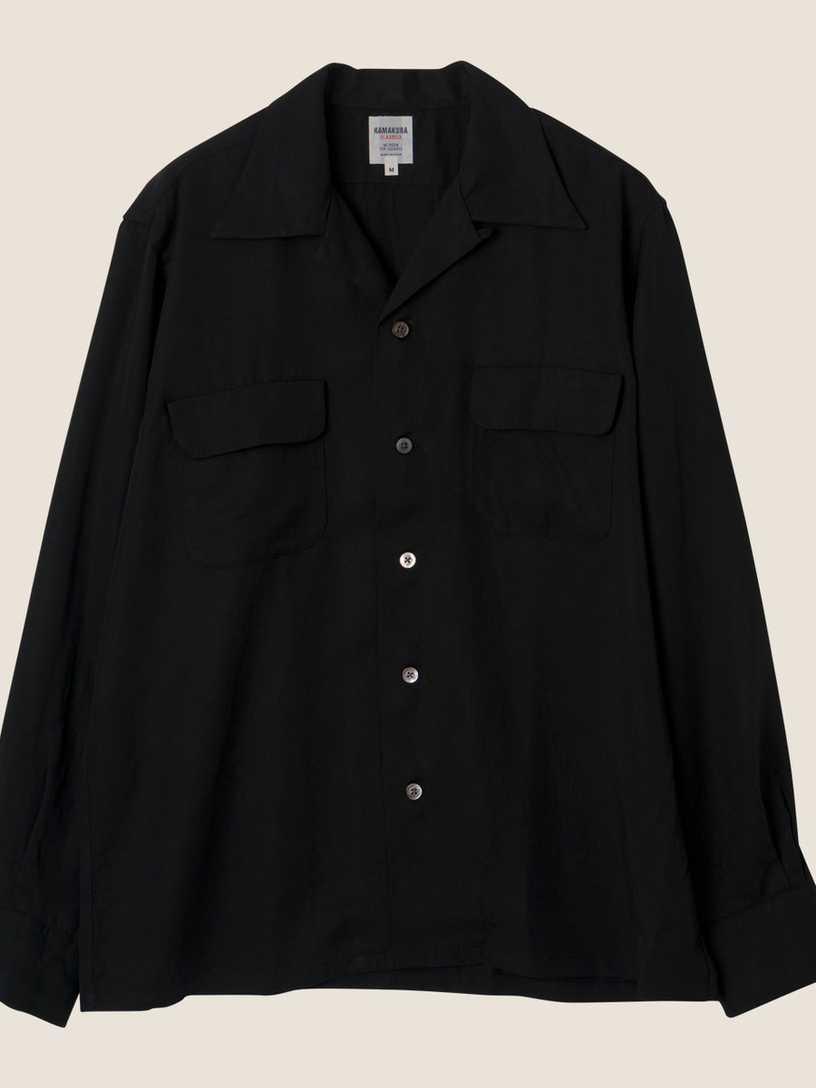 Open Collar Tencel Shirt Black - Kamakura Shirts - vue de face