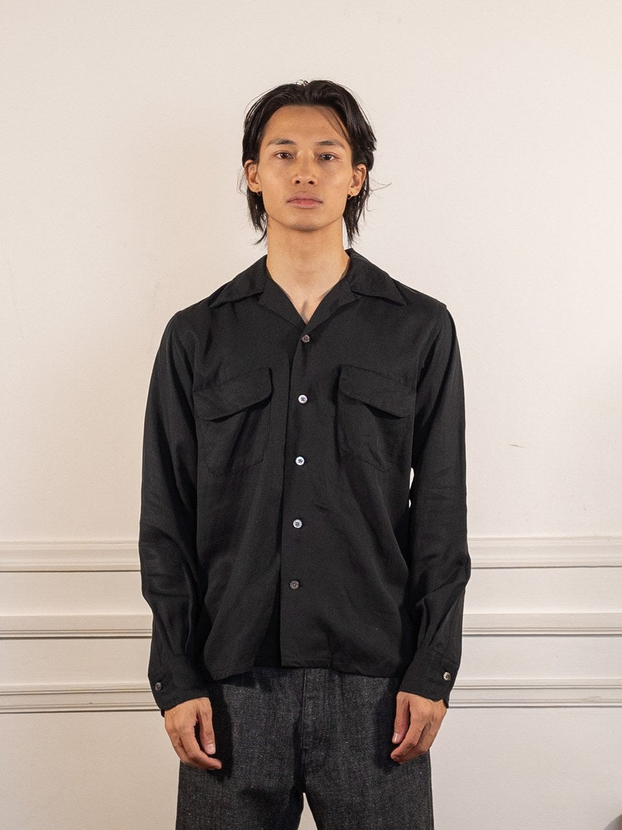 Open Collar Tencel Shirt Black - Kamakura Shirts - vue de face portée