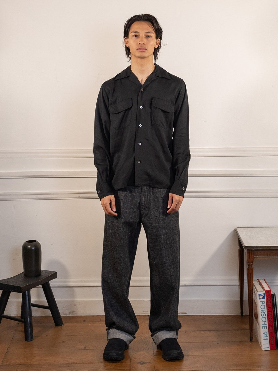 Open Collar Tencel Shirt Black - Kamakura Shirts - vue portée en pied
