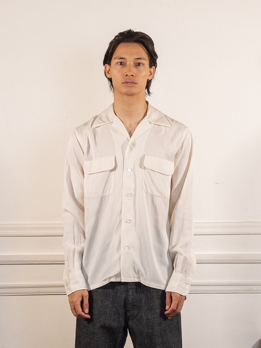 Open Collar Tencel Shirt Off-White - Kamakura Shirts - vue de face portée