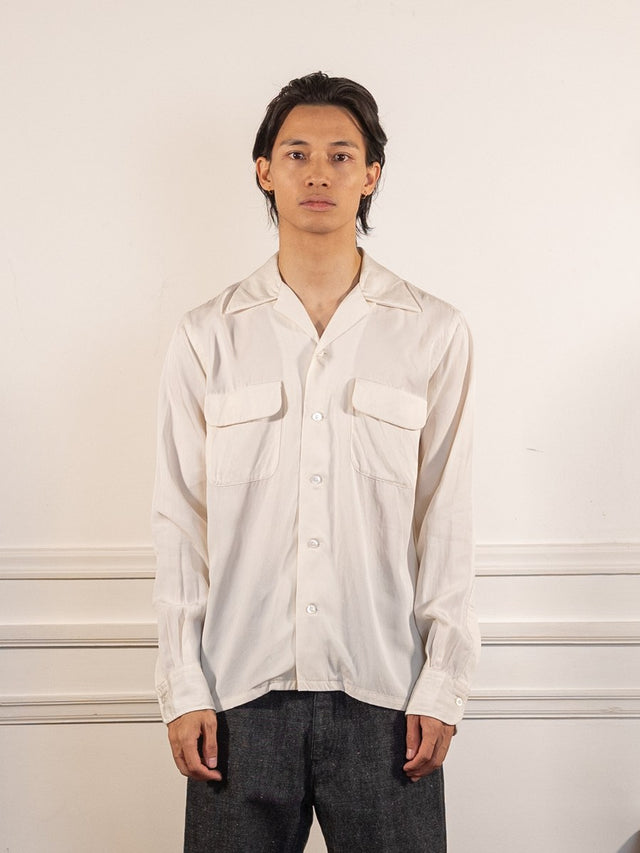 Open Collar Tencel Shirt Off-White - Kamakura Shirts - vue de face portée