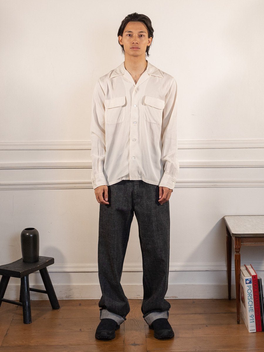Open Collar Tencel Shirt Off-White - Kamakura Shirts - vue portée en pied