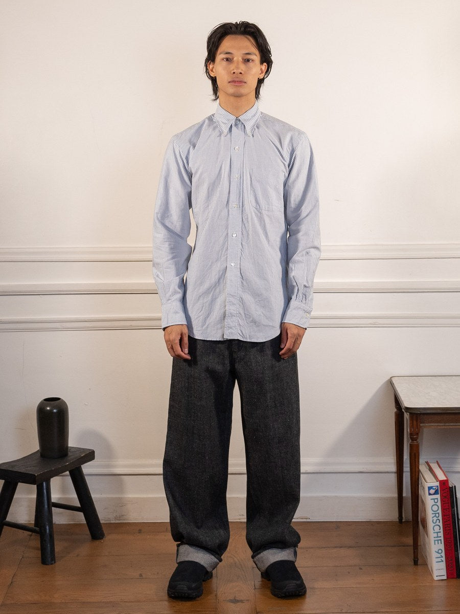 Vintage Ivy University Stripe Button Down Oxford Blue - Kamakura Shirts - vue portée en pied