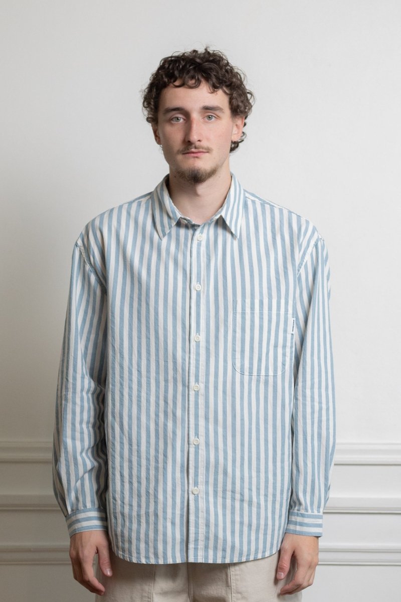 kappy melange stripe shirt sky blue coton chiné rayé coupe relaxed unisexe aura store renness — photo 2