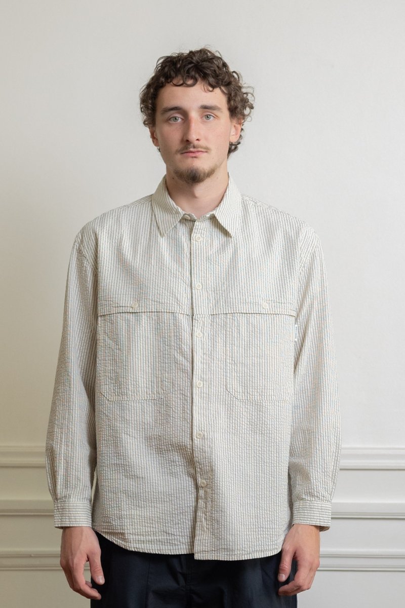 kappy stripe pocket work shirt ivory seersucker coton rayé coupe relaxed col fly-away poches poitrine aura store renness — photo 2