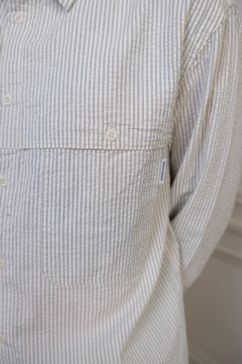 kappy stripe pocket work shirt ivory seersucker coton rayé coupe relaxed col fly-away poches poitrine aura store rennesss — photo 3