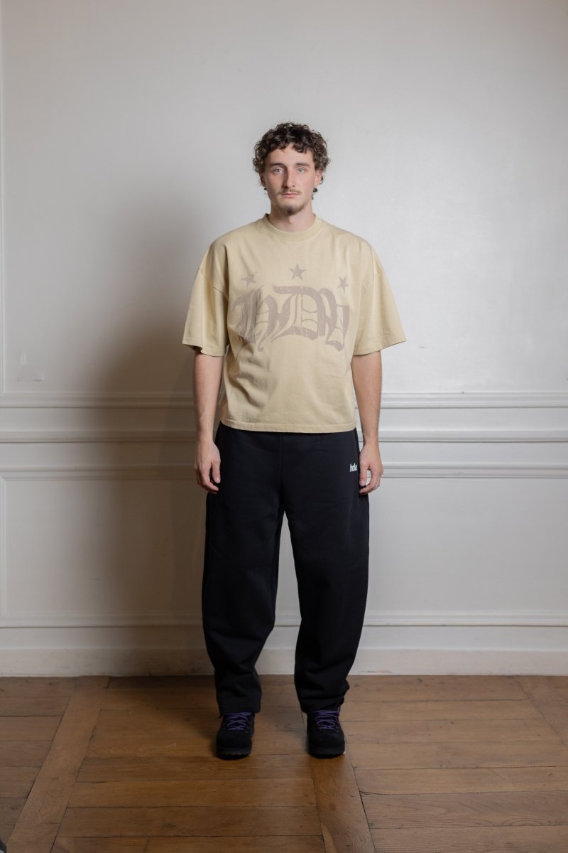 mannequin portant hdv t-shirt beige coton biologique 250g coupe boxy structurée — photo 1