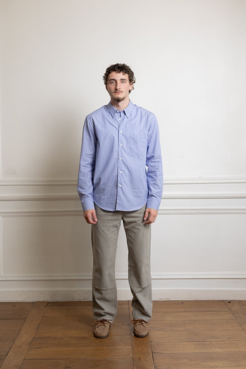 museum garments corporate shirt blue white popeline coton japonaise rayures banker boutons nacre aura store rennes — photo 1