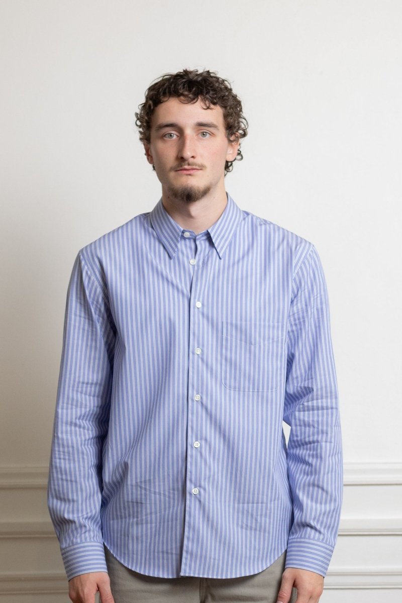 museum garments corporates shirt blue white popeline coton japonaise rayures banker boutons nacre aura store rennes