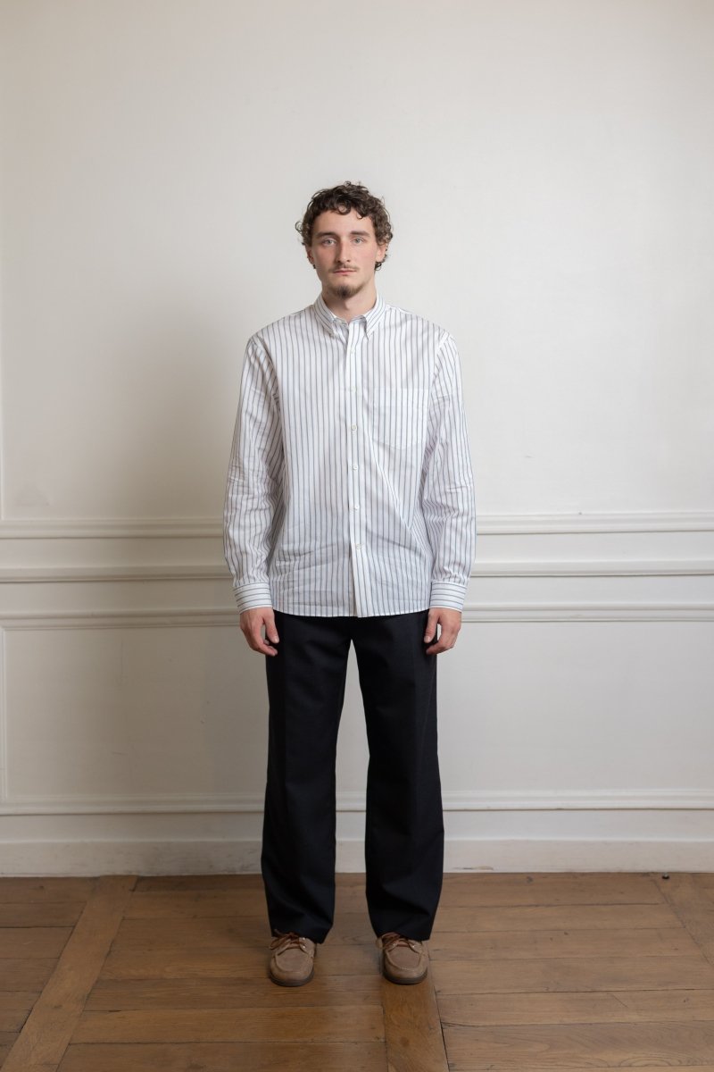museum garments dads shirt white blue coton égyptien dobby japonais rayures fines col boutonné nacre aura store rennes — photo 1