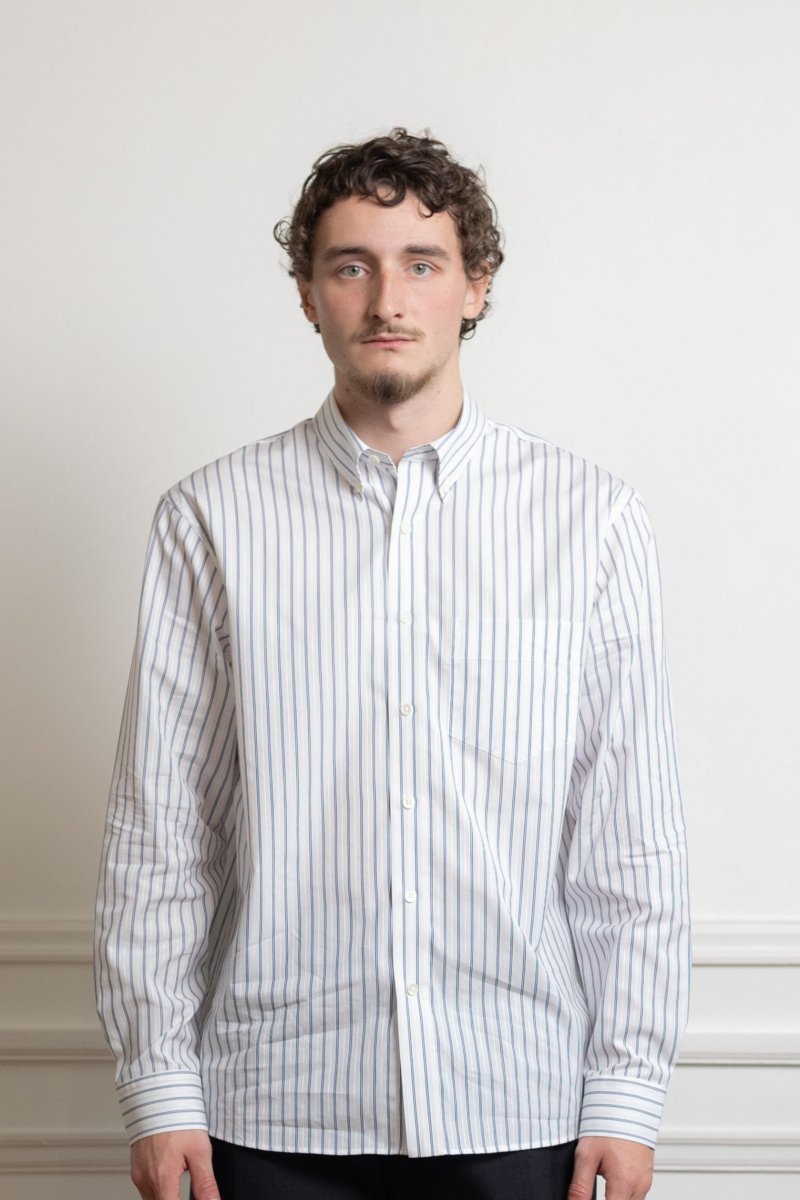 museum garments dads shirt white blue coton égyptien dobby japonais rayures fines col boutonné nacre aura store renness — photo 2